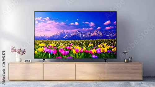 Modern Flat Screen Tv Display With Colorful Tulips Landscape On Screen In Living Room