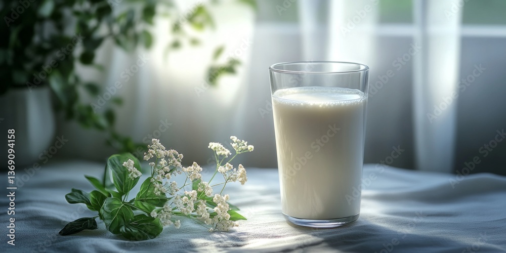 Glass with fresh milk on the table with colored background. Space for text, Detail of hazelnut drink in a glass in a wooden kitchen Glass with fresh milk on the table with colored background. Space for text, Detail of hazelnut drink in a glass in a wooden kitchen
