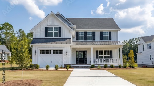 White farmhouse exterior, sunny day, front yard, suburban neighborhood, ideal for a real estate listing