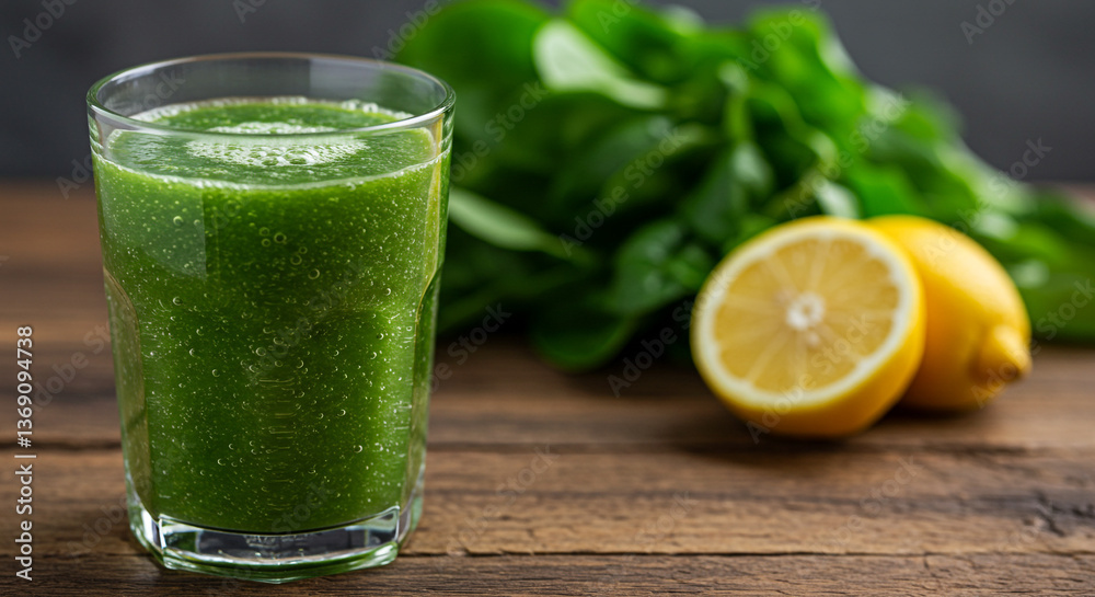 Green smoothie with spinach and lemon on a wooden table in natural light Green smoothie with spinach and lemon on a wooden table in natural light