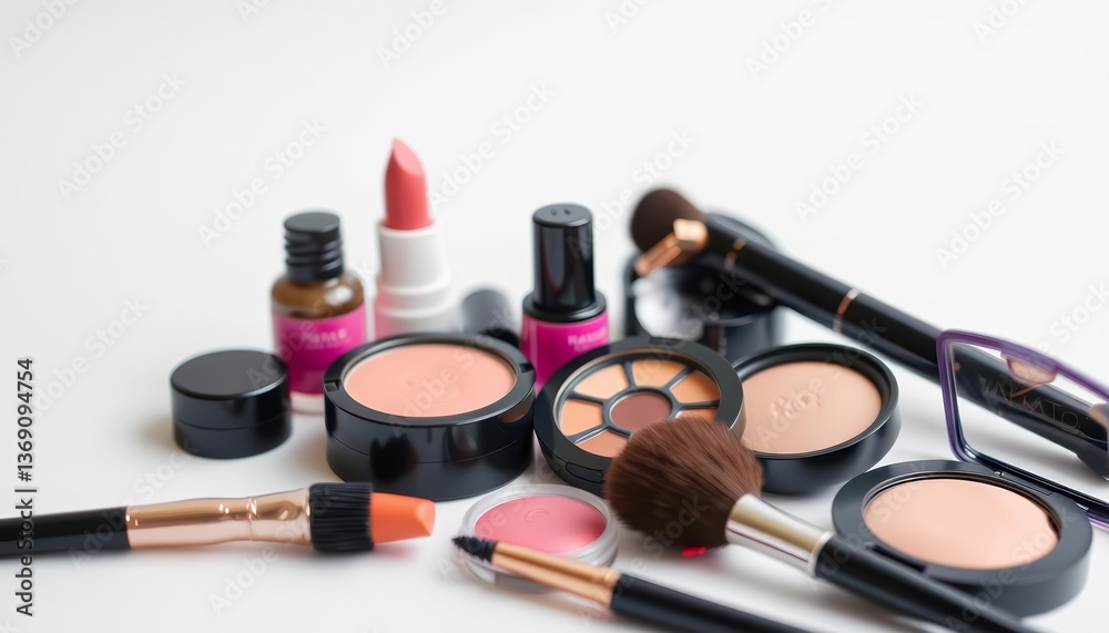 Close-up of neatly arranged essential makeup items on a minimalist background, essentials, natural beauty Close-up of neatly arranged essential makeup items on a minimalist background, essentials, natural beauty