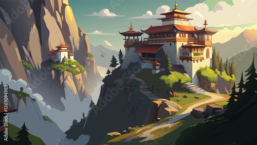 Serene Mountaintop Monastery Breathtaking Asian Temple Architecture amidst Misty Peaks