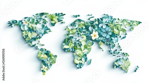 Beautiful Floral World Map Artwork with Vibrant Greenery and Exotic Flowers Representing Nature and Global Connection in a Unique Artistic Style