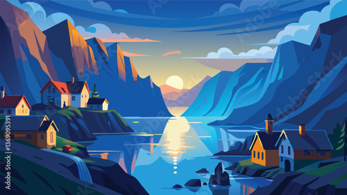 Serene Sunset View of a Picturesque Mountain Village by a Calm Lake