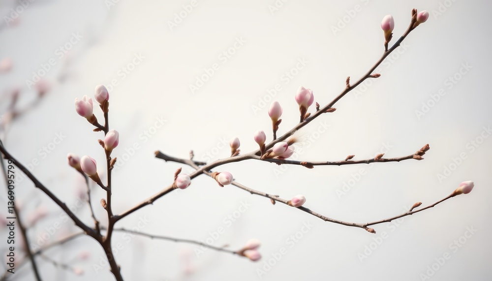 Delicate, pale pink buds swelling on slender branches against a hazy spring sky, vibrant, springtime Delicate, pale pink buds swelling on slender branches against a hazy spring sky, vibrant, springtime