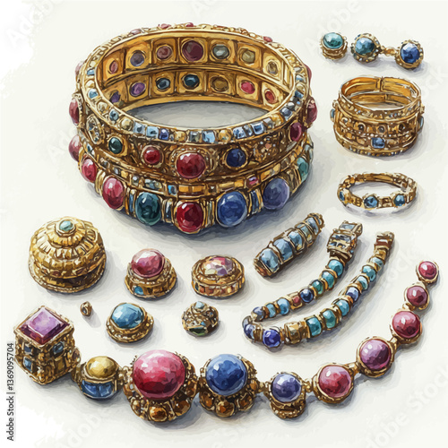 A watercolor vector illustration of Vintage-inspired classic gold jewelry set, isolated on a white background.

