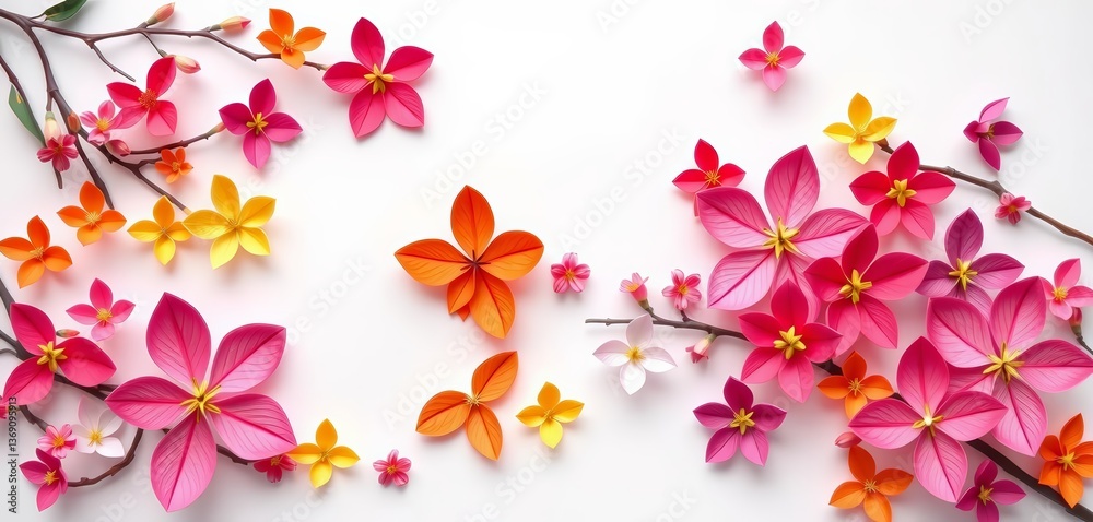 Delicate paper blossoms in vibrant spring hues, meticulously crafted, set against a pure white backdrop, handmade, texture