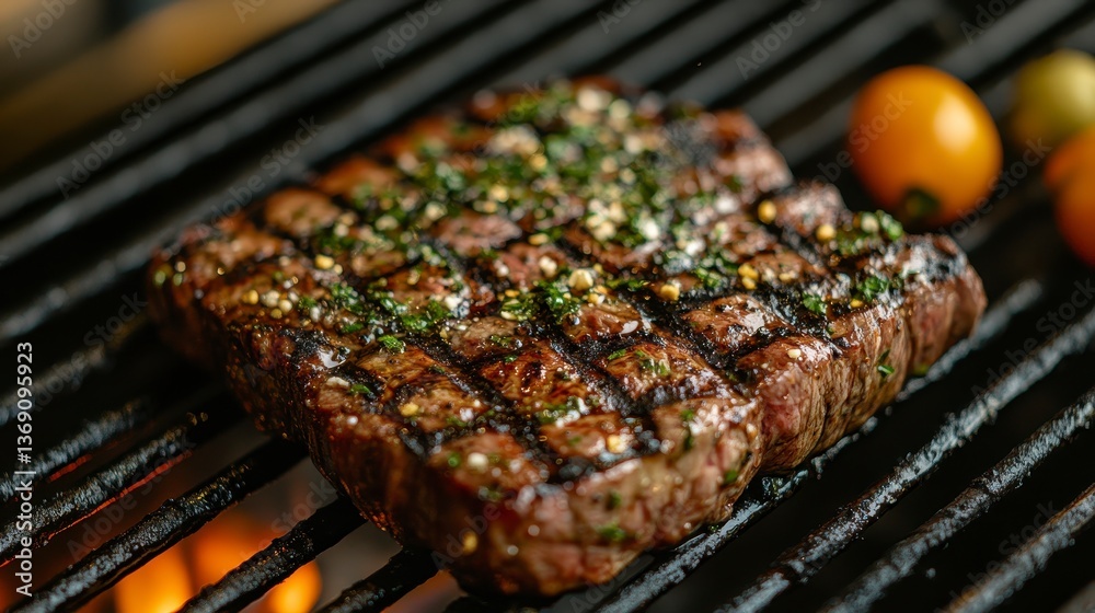 Grilled steak. Perfectly charred with herbs. Tomatoes on grill's side Grilled steak. Perfectly charred with herbs. Tomatoes on grill's side