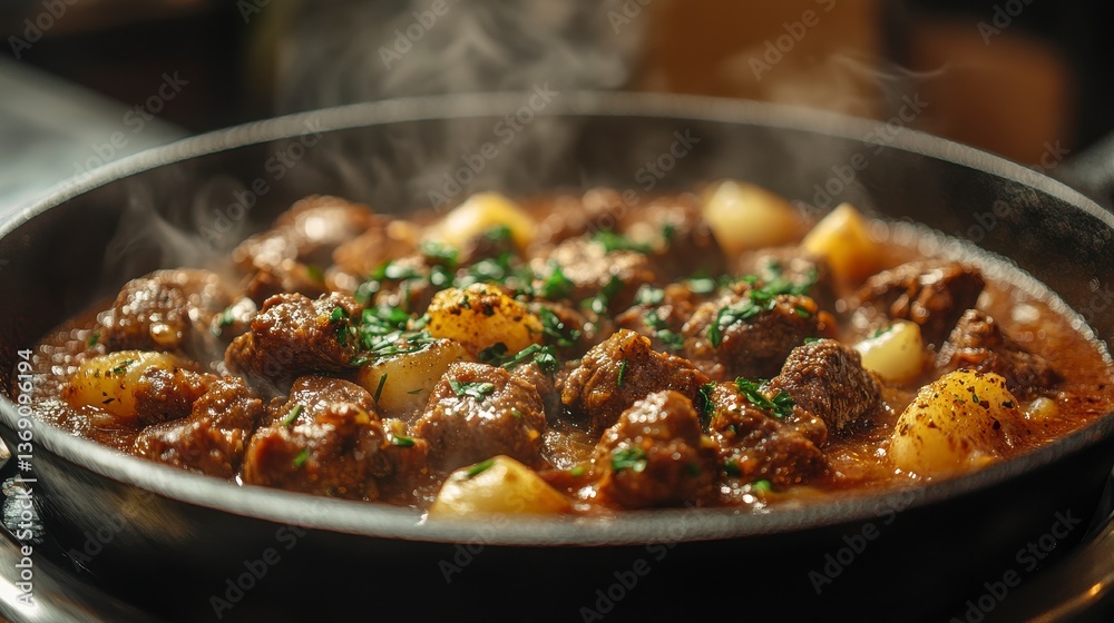 Steaming stew with meat and potatoes, garnished with herbs in a black pan Steaming stew with meat and potatoes, garnished with herbs in a black pan