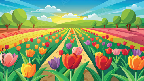 Vibrant Spring Tulip Fields Landscape Colorful Tulips Blooming in a Sunny Meadow