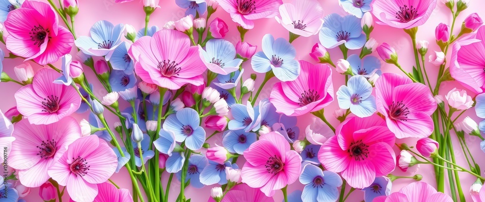 Delicate pink and blue floral seamless pattern, soft green stems, gentle breeze effect, wallpaper, petals Delicate pink and blue floral seamless pattern, soft green stems, gentle breeze effect, wallpaper, petals