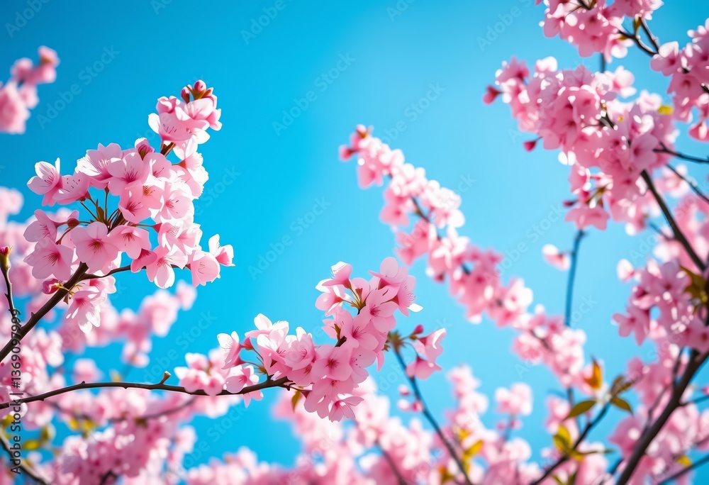 Delicate pink cherry blossoms against a vibrant blue sky, background, sky Delicate pink cherry blossoms against a vibrant blue sky, background, sky