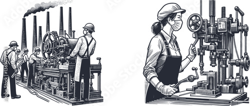 Set of Industrial-Era Factory Workers with Masks Operating Heavy Machinery – Detailed Engraving Design woodcut theme 