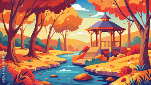 Autumnal Park Scene Gazebo by a Stream with Colorful Fall Foliage