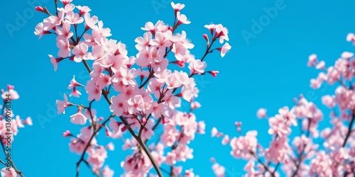 Delicate pink cherry blossoms in full bloom against a vibrant azure sky, branches reaching upwards, spring, japanese