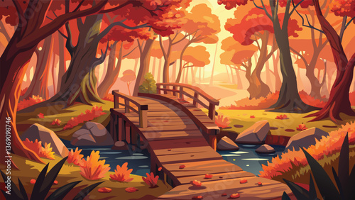 Autumnal Forest Scene Wooden Bridge over Stream in Red and Orange Fall Foliage
