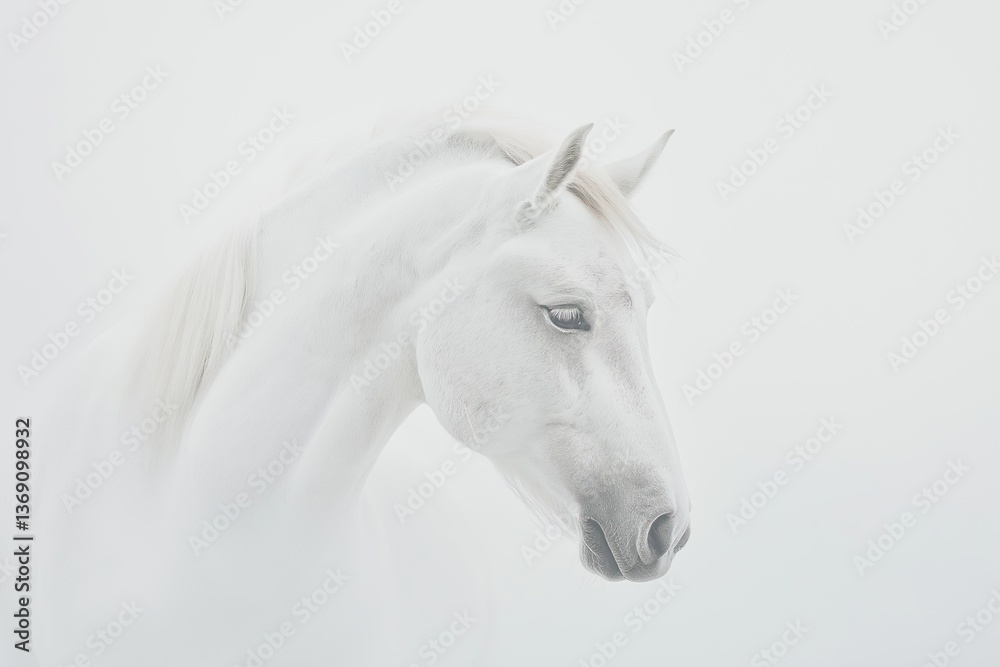 Obraz premium A side profile of a white horse with a soft mane, captured against a minimalistic white background
