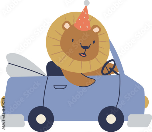 Lion Driving a Car with Hat