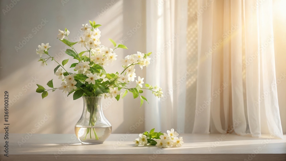 Sunlit Bouquet of Delicate White Blossoms in a Glass Vase on a Table Near Sheer Curtains