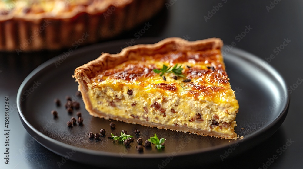 Delicious Slice of Creamy Quiche Lorraine on Dark Plate Close Up A savory baked egg custard tart with crispy crust Perfect for food blog or cookbook Delicious Slice of Creamy Quiche Lorraine on Dark Plate Close Up A savory baked egg custard tart with crispy crust Perfect for food blog or cookbook