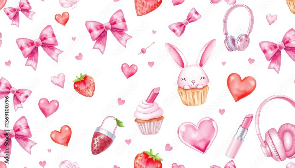 Delicate pink watercolor seamless pattern featuring bows, bunny, cupcake, strawberry, hearts, headphones, lipstick, seashell , pink, playful