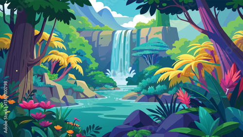 Lush Tropical Waterfall Scene Vibrant Rainforest Landscape with Waterfall and Abundant Flora