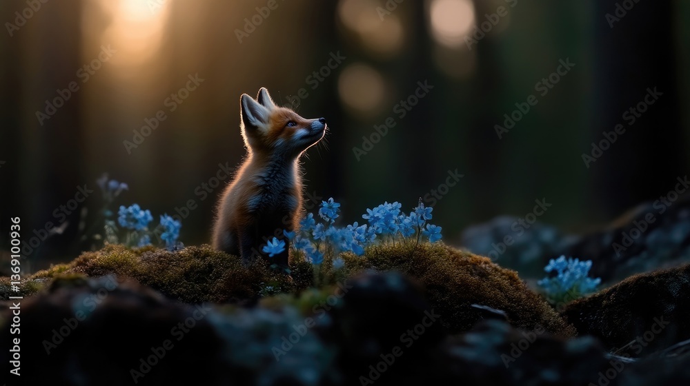 Obraz premium Foxy pup in forest, sunlit scene