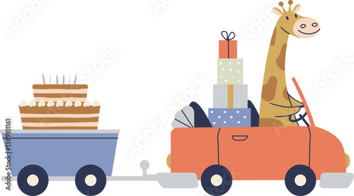 Giraffe Driving Car with Cake and Gifts