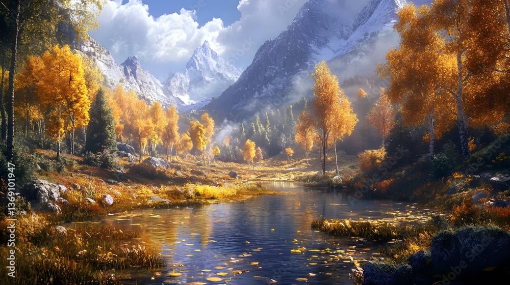 Naklejka premium Vibrant Autumn Valley Landscape with Golden Trees in 16:9 Aspect Ratio