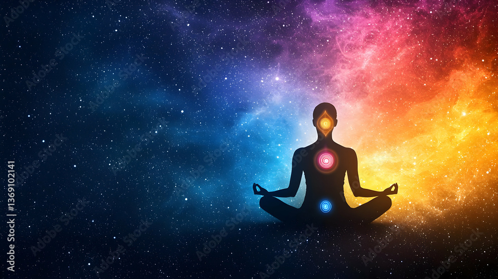 Silhouette Of Person In Meditation Pose With Chakras Against Cosmic Background Silhouette Of Person In Meditation Pose With Chakras Against Cosmic Background