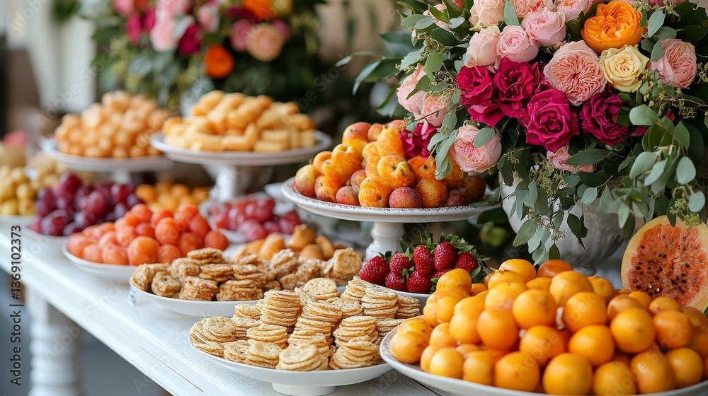 Lavish buffet table with fruit, pastries, and vibrant floral arrangements