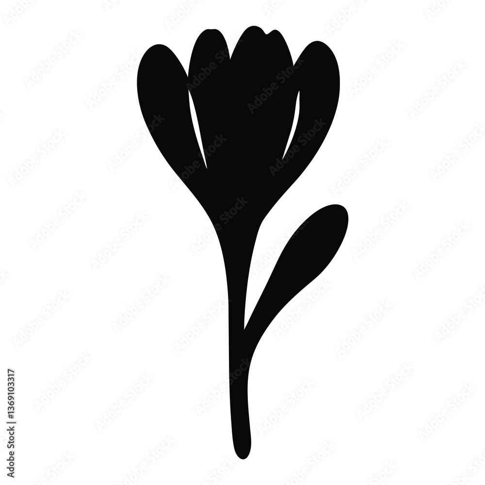 Simple Black Silhouette of a Single Crocus Flower with a Leaf