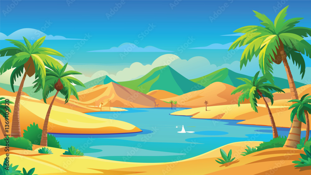 Serene Oasis Palm Trees Frame Vibrant Blue Water and Golden Sands in a Sunny Desert Landscape Serene Oasis Palm Trees Frame Vibrant Blue Water and Golden Sands in a Sunny Desert Landscape