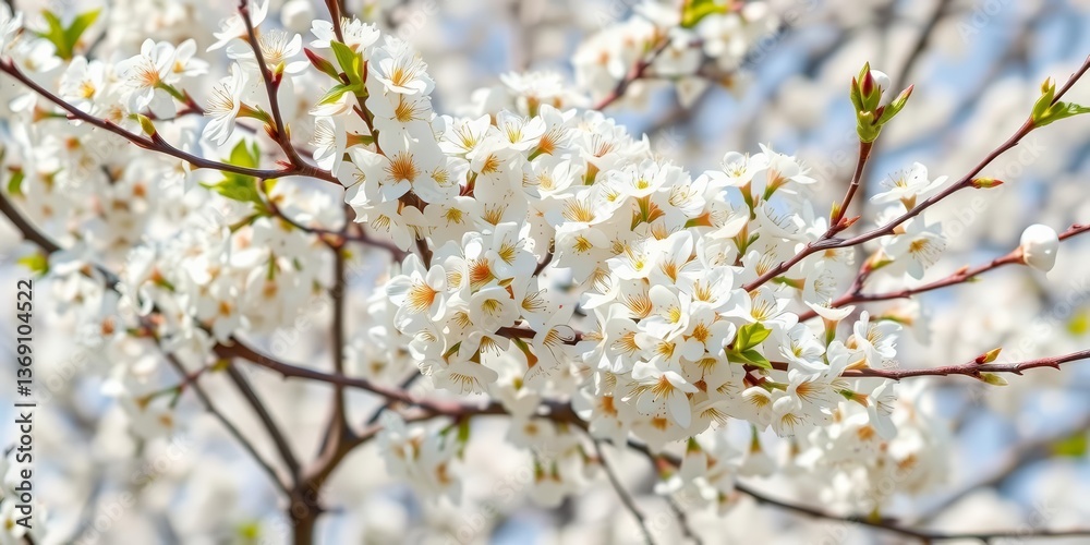 Delicate white blossoms densely cover slender bird cherry branches, elegant, blossom Delicate white blossoms densely cover slender bird cherry branches, elegant, blossom
