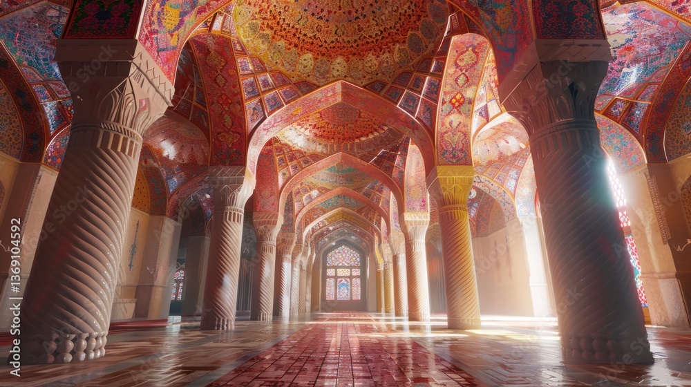 Obraz premium Ornate Mosque Interior, Sunlight Streaming Through Arches