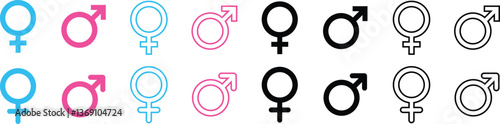 Gender symbols. Male, female sex sign gender equality icon in flat, line set  isolated on transparent background