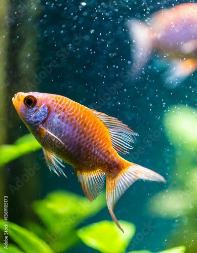 Fish Swimming Lazily in a Tank Lit by Shimmering Colored Lights photo