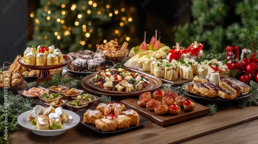 An enticing spread of various holiday treats showcases a delightful array of food options perfect for festive gatherings, embodying the warmth and joy of the season. An enticing spread of various holiday treats showcases a delightful array of food options perfect for festive gatherings, embodying the warmth and joy of the season.
