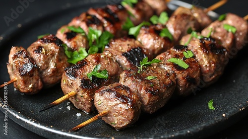 Delicious Grilled Lamb Kofta Skewers garnished with fresh parsley perfectly seasoned and cooked A close up shot showcasing the juicy meat and flavorful herbs