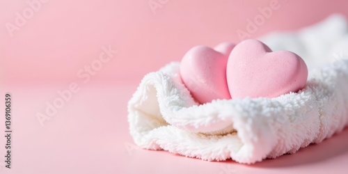 Heart-shaped bath treats nestled in a fluffy white towel against a soft pink background, perfect for relaxation and self-care