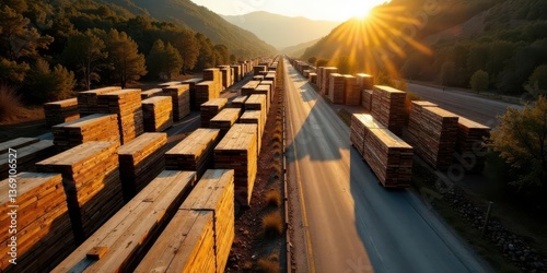 Golden Hour Lumber Transport Rows of stacked wooden planks alongside a highway bathed in the warm glow of a setting sun, conveying a sense of industry and natural resource transport.
