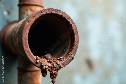 Rusty pipe with granular substance flowing from it, exhibiting signs of corrosion and age, close-up detail