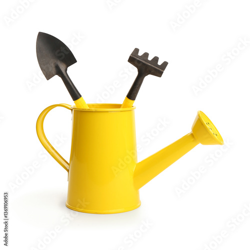 Yellow gardening tools on w...