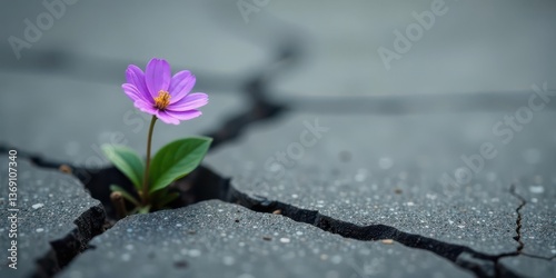 A resilient purple flower pushing through a cracked pavement, symbolizing perseverance and growth amidst adversity