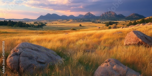 A serene landscape featuring rolling hills, mountains, and golden grass under a colorful sky.