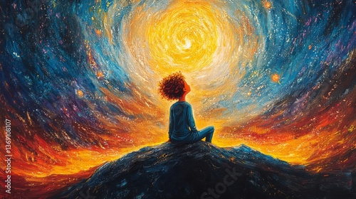 A vibrant cosmic scene shows a child in meditation, surrounded by swirling colors and galaxies, epitomizing the pursuit of inner peace and connection with the universe.
