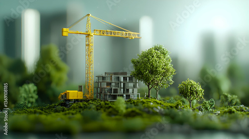 Miniature Construction Site With Crane In Green Environment
