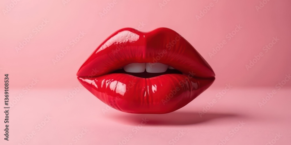 Obraz premium Close-up of glossy red lips slightly parted against a soft pink backdrop, showcasing a vibrant and alluring aesthetic.
