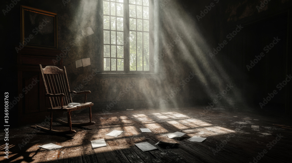 serene, abandoned room features rocking chair illuminated by soft sunlight streaming through large window. Dust particles dance light, creating nostalgic atmosphere filled with scattered papers serene, abandoned room features rocking chair illuminated by soft sunlight streaming through large window. Dust particles dance light, creating nostalgic atmosphere filled with scattered papers