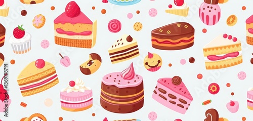 Delightful seamless pattern featuring assorted cakes and pastries in a whimsical style, ideal for wallpapers, tile, cake